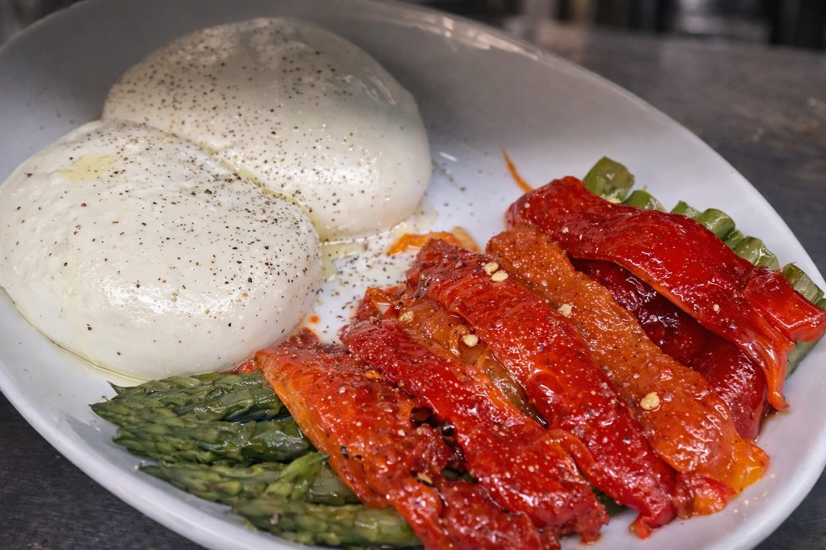 Fresh burrata with roasted peppers and asparagus